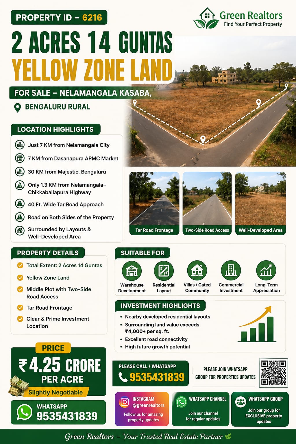 🆔 *PROPERTY ID – 6216* 🌿🏗️ *2 Acres 14 Guntas Yellow Zone Land for Sale – Nelamangala